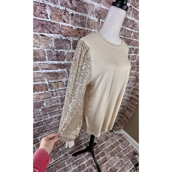 Torrid 2X NWT Champagne Ribbed Crew Neck Sequin Sleeve Long Sleeve Top 41055056 - Picture 5 of 15